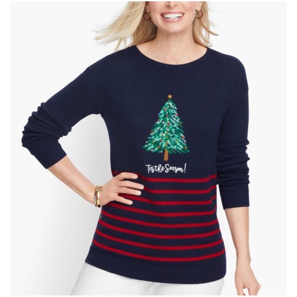 Talbots Women's Sz L Navy Blue‎ Red Striped Christmas Tree Sweater Wool Blend
